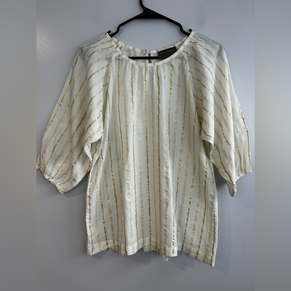Bel Kazan Ivory/Gold Striped Pullover Boho Blouse Size Small